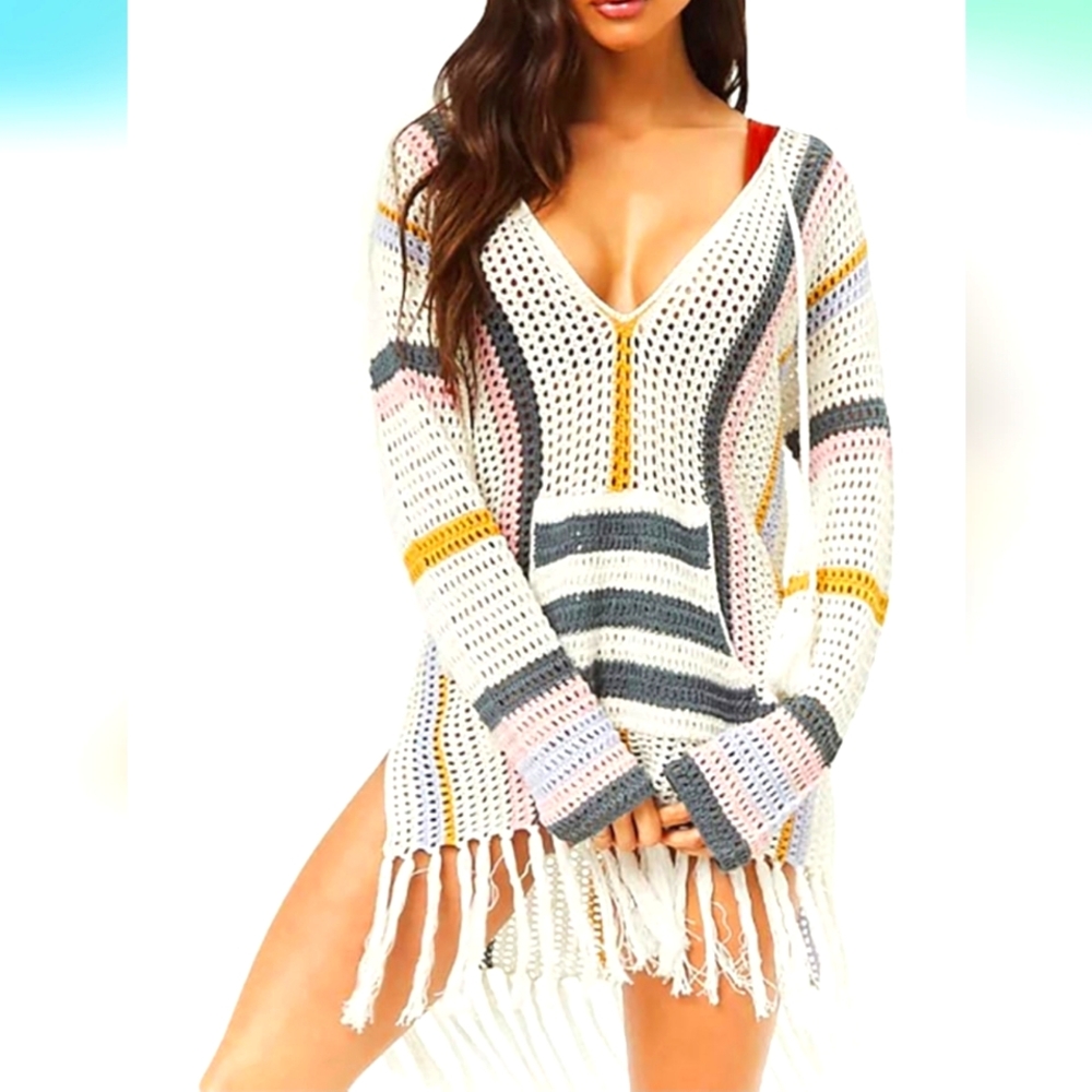 Beach cover up, one size fits most, white, navy, orange, hints of light pink